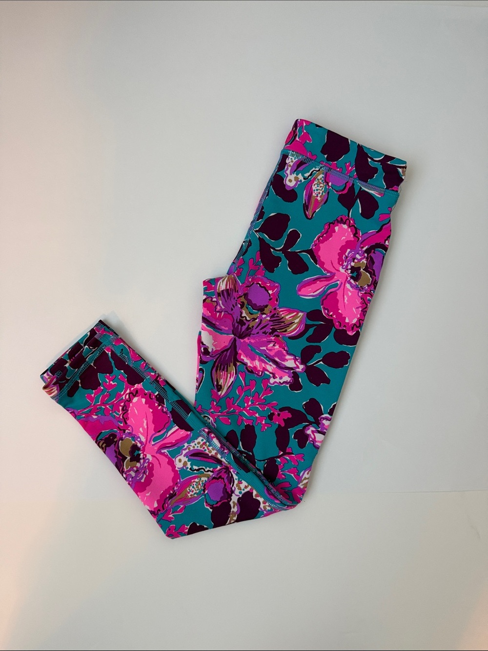 Lilly Pulitzer Teal Leggings with Bright Pink Floral Print